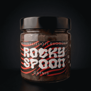 Rocky Spoon karamelizuotų svogūnų čatnis stiklainyje ant tamsaus fono / Rocky Spoon caramelized onion chutney jar on dark background premium product photo