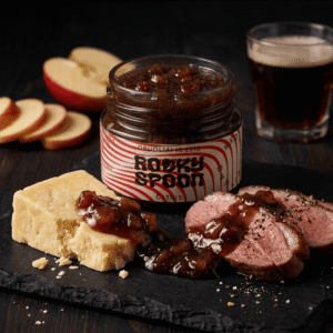 Rocky Spoon obuolių ir elio čatnis patiekiamas su sūriu ir kepta mėsa ant tamsaus fono / Rocky Spoon apple and ale chutney served with cheese and roasted meat on dark background gourmet food photo