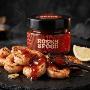 Rocky Spoon čili paprikų džemas patiekiamas su keptomis krevetėmis ir citrina / Rocky Spoon chili pepper jam served with grilled shrimp and lemon on dark background gourmet food photo