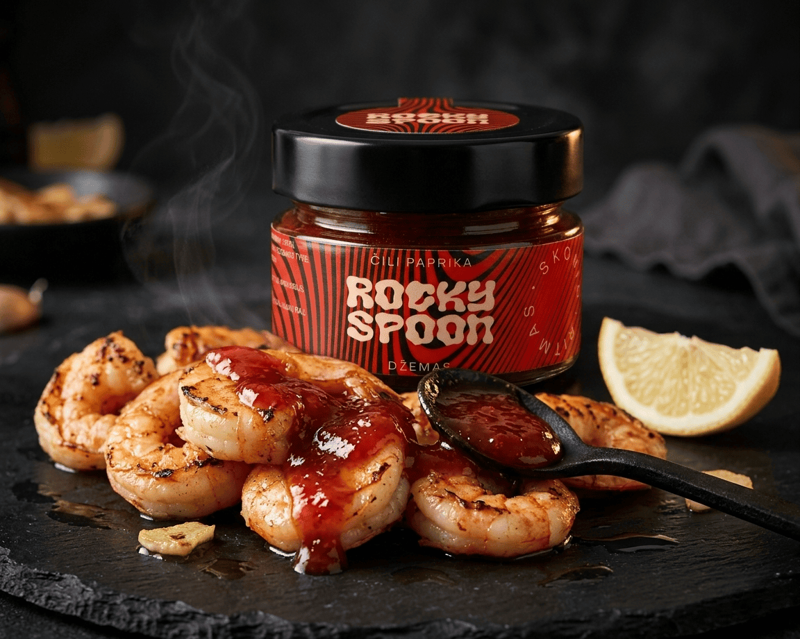 Rocky Spoon čili paprikų džemas patiekiamas su keptomis krevetėmis ir citrina / Rocky Spoon chili pepper jam served with grilled shrimp and lemon on dark background gourmet food photo