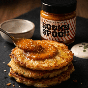 Rocky Spoon kanapinė morka čatnis patiekiamas su bulviniais blynais / Rocky Spoon carrot and hemp chutney served with potato pancakes on dark background