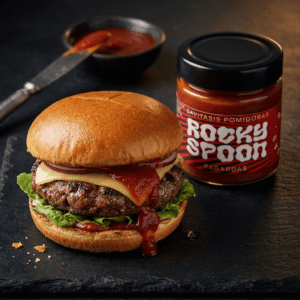 Rocky Spoon savitasis pomidoras burgeryje su tirpstančiu sūriu ir padažu premium gourmet / Rocky Spoon rich signature tomato condiment on gourmet burger with melted cheese and sauce drip