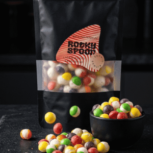 Rocky Spoon liofilizuoti spalvoti saldainiai išbyrėję iš pakelio traškus užkandis / Rocky Spoon freeze-dried colorful candy falling from pouch crunchy snack on dark background