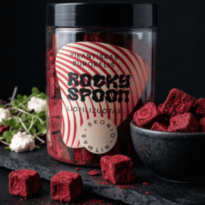 Rocky Spoon liofilizuotas pikantiškas burokėlis patiekiamas dubenėlyje kaip užkandis / Rocky Spoon freeze dried spicy beetroot cubes served in bowl as snack on dark background