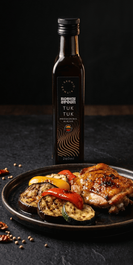 Rocky Spoon Tuk Tuk prieskoninis aliejus patiekiamas su kepta mėsa ir daržovėmis / Rocky Spoon Tuk Tuk spiced oil served with grilled meat and vegetables on dark background