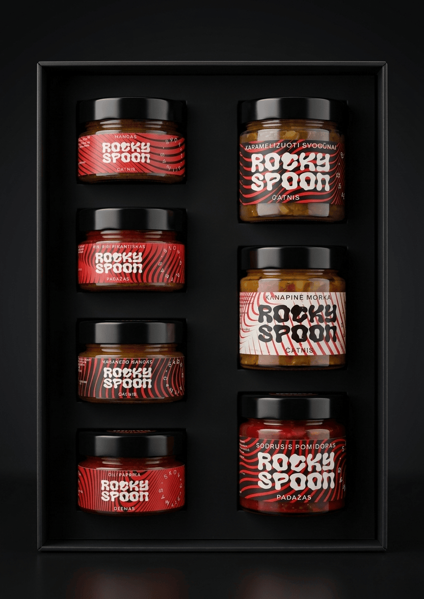 Rocky Spoon dovanų dėžutė su 8 rankų darbo padažais ir čatniais / Rocky Spoon gift box with 8 handcrafted sauces and chutneys