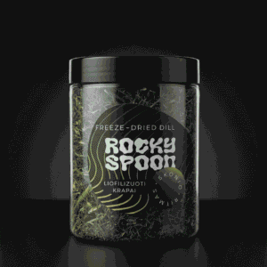 Rocky Spoon liofilizuoti krapai stiklainyje ant tamsaus fono / Rocky Spoon freeze-dried dill in jar on dark background premium product photo