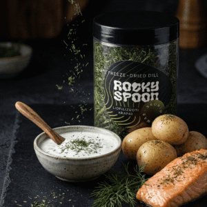 Rocky Spoon liofilizuoti krapai naudojami su bulvėmis, lašiša ir padažu virtuvėje / Rocky Spoon freeze-dried dill used with potatoes, salmon and sauce in kitchen setting