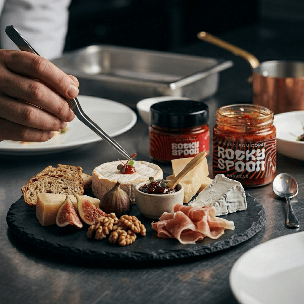 Rocky Spoon padažai patiekiami su sūrių lenta restorane / Rocky Spoon sauces served with a gourmet cheese board in a restaurant