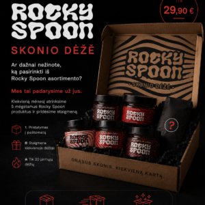 Rocky Spoon Skonio Dėžė prenumerata – kiekvieną mėnesį atrinkti 5 Rocky Spoon produktai ir staigmena, pristatoma į paštomatą visoje Lietuvoje. Rocky Spoon Flavor Box Subscription – a monthly selection of 5 Rocky Spoon products plus a surprise gift delivered to a parcel locker.