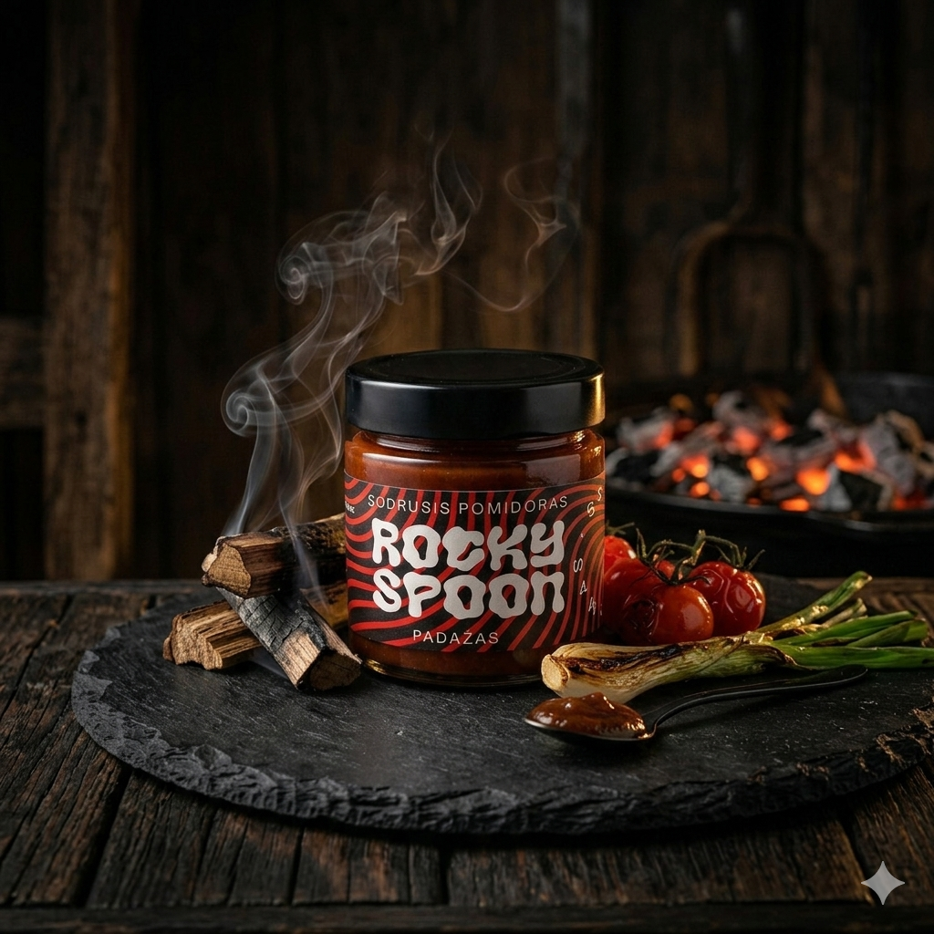 Rocky Spoon sodrusis pomidorų padažas stiklainyje ant tamsaus fono. Rocky Spoon rich and smoky tomato sauce jar on dark background premium food photography