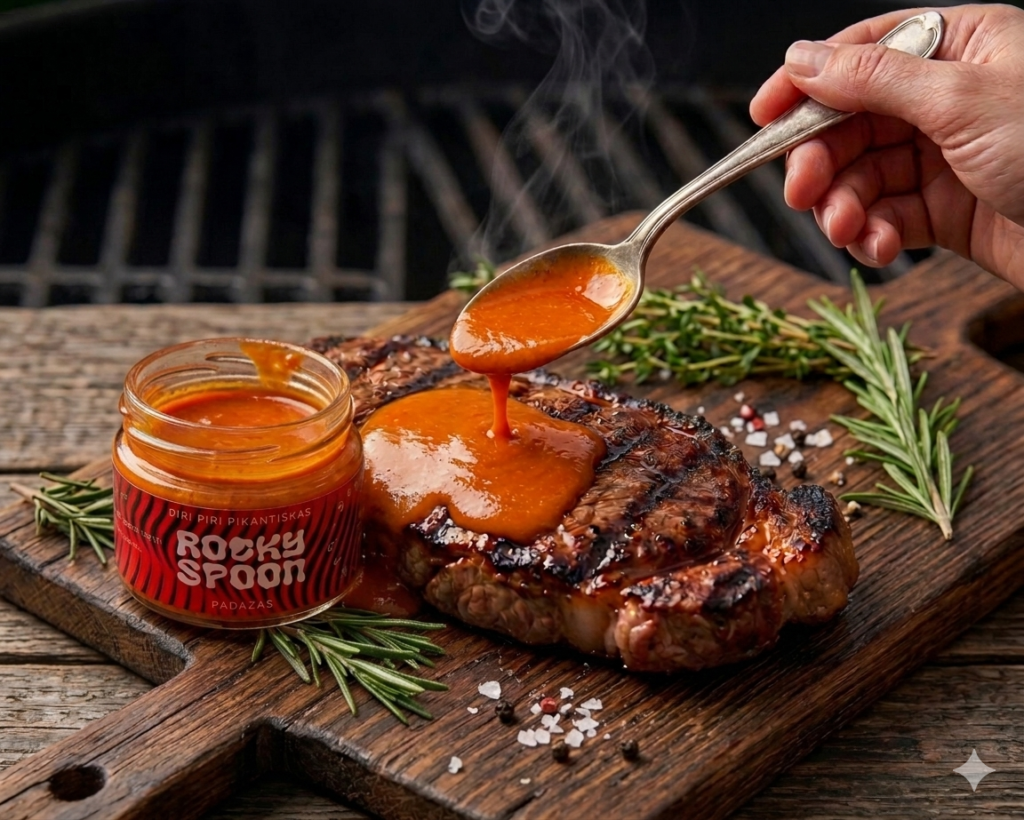 Rocky Spoon Piri Piri Pikantiškas padažas – rankų darbo aštrus padažas su išraiškingu skoniu, puikiai tinkantis prie vištienos, mėsos, burgerių ir grilio patiekalų. Rocky Spoon Piri Piri Hot Sauce – handcrafted spicy sauce with bold flavour, perfect for chicken, grilled meats, burgers and BBQ dishes.